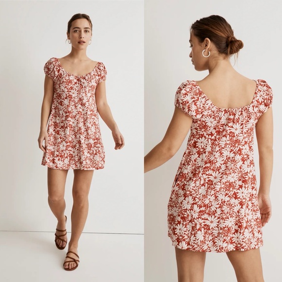 Madewell Dresses & Skirts - Madewell Margie Mini Dress red ditsy floral size 8 90s milkmaid peasant linen